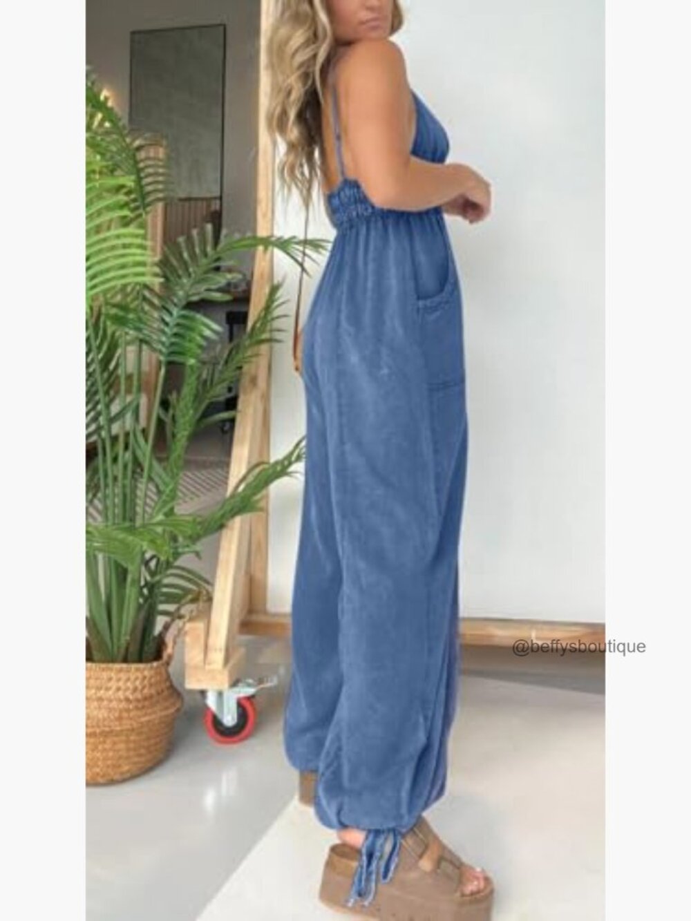 Smocked Elastic Waist Denim Jumpsuit Sleeveless Wide Leg Overall Romper - Picture 3 of 7